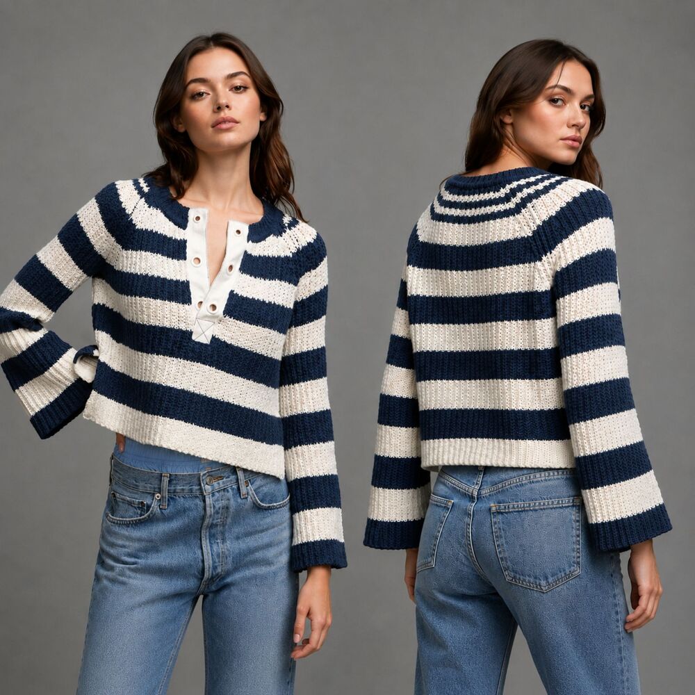 Pilcro Anthropologie Striped Henley Sweater Cropped Bell Sleeve Nautical XS